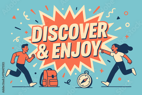 Adventure Awaits Banner. Discover and enjoy banner, flat vector illustration, bold oversized text inside splash explosion, cartoon characters running and