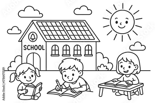 Solar School Illustration. Solar-powered school children?s coloring book illustration, outlined drawing, a school building with rooftop panels and children