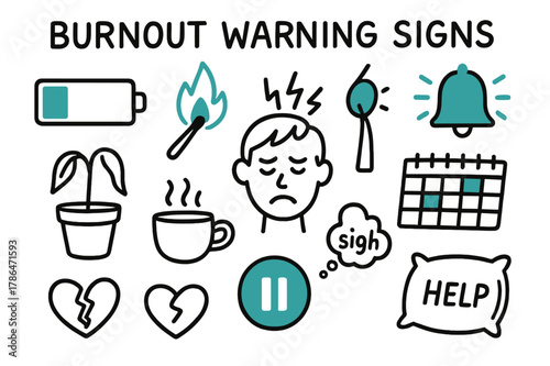 Illustrated Burnout Indicators. // Burnout warning signs. Hand-drawn doodle illustration Burnout warning signs [battery empty (accented), flame-out match