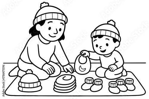 Organizing Baby Clothes. Sorting baby outfits children?s coloring book illustration, outlined drawing, a parent and child matching baby hats, bibs, and booties