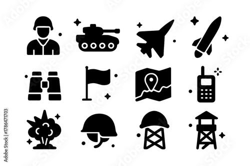 Frontline Forces Icons. Frontline Forces. Solid icons set of Frontline Forces: soldier, tank, jet, missile, binoculars, flag, map, radio, armored vehicle,