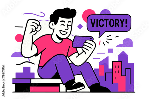 Rooftop Gaming Triumph. Playing a mobile game on the go ? Sunny rooftop pause. Wind lines sweep; the character smiles at a clutch win, city shapes block out