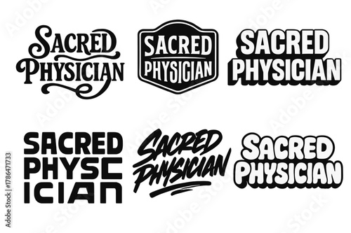 Sacred Physician Typography. Sacred Physician. Set lettering. harmonious lettering variations of the same emblematic concept (Whimsical curly type with