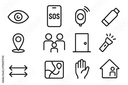 Personal Safety Icons. Personal Safety. Line icon set of Personal Safety: awareness eye, phone SOS, personal alarm, emergency whistle, share location pin,