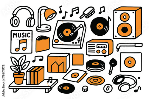 Retro Music Vibes. Analog music. Hand-drawn doodle illustration record player (colored), vinyl records (colored), turntable (colored), speaker (colored),