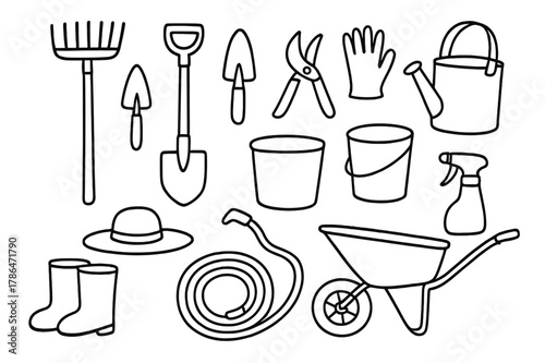 Garden Tool Doodles. Garden tools. Hand-drawn doodle illustration garden tools rake, shovel, trowel, pruning shears, gloves, watering can, bucket, spade, spray