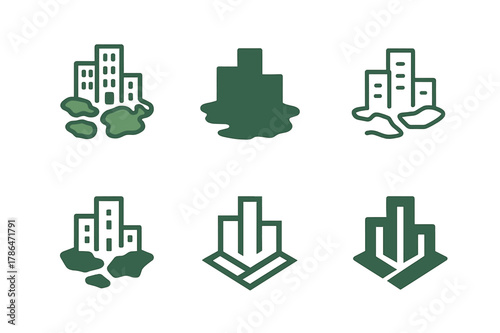Urban Sprawl Logos. urban sprawl. Set Logo of urban sprawl: greenfield development footprint. Icon set. harmonious logo variations of the same emblematic