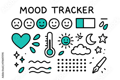 Hand-Drawn Mood Tracker. // Mood tracker. Hand-drawn doodle illustration Mood tracker [emoji row (accented), color key swatch (accented), thermometer style