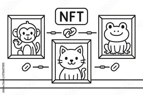 Cute Animal Gallery. NFT collectibles gallery children?s coloring book illustration, outlined drawing, three cute framed cards on a simple wall showing