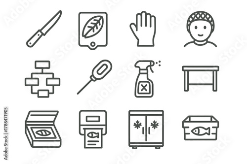 Seafood Processing Icons. Seafood Processing and Handling. Line icon set of Seafood Processing and Handling: fillet knife, cutting board, protective gloves,