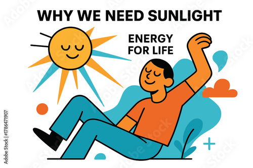 Sunlight's Vital Energy. Why We Need Sunlight. A glowing sun radiates soft geometric beams toward a smiling figure soaking in warmth. Floating text reads