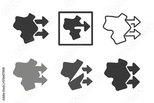 Directional Exit Logos. deportation policies. Set Logo of deportation policies: map with directional exit arrows. Icon set. harmonious logo variations of the