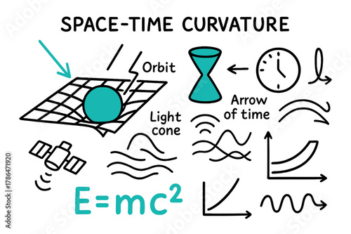 Space-Time Doodle Highlights. // Space-time curvature. Hand-drawn doodle illustration Space-time curvature [grid dip (accented), planet (accented), falling