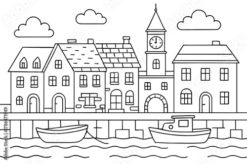Charming Riverfront Coloring Scene. Old town riverfront children?s coloring book illustration, outlined drawing, charming stone buildings along a river