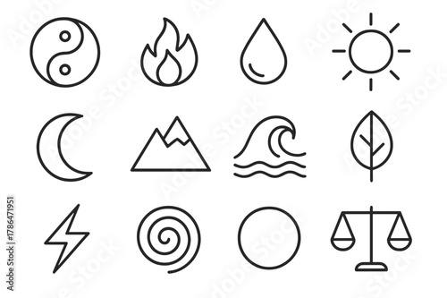 Yin Yang Icon Set. Yin and yang harmony. Line icon set of yin and yang harmony: yin-yang symbol, fire, water, sun, moon, mountain, ocean wave, leaf, lightning