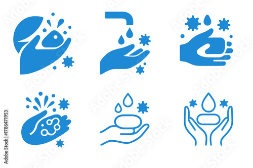 Social Distancing Logos. Social distancing and COVID--related imagery. Set Logo of Social distancing and COVID--related imagery: hand washing. Icon set.