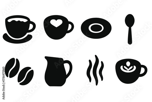 Coffee Icon Set. Coffee Break. Filled icon set of Coffee Break: cappuccino cup, heart foam, saucer, spoon,