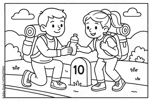 Travelers Helping Each Other. Gratitude and kindness on the road children?s coloring book illustration, outlined drawing, travelers sharing water and helping