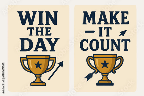 Win the Day Banners. Win the day. Two vertical A6 banners with safe margins, centered composition, no elements touching edges, bold, navy and gold, objects