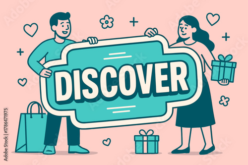 Discover Banner Design. DISCOVER banner, flat vector illustration, bold oversized text inside sticker outline, cartoon characters standing and