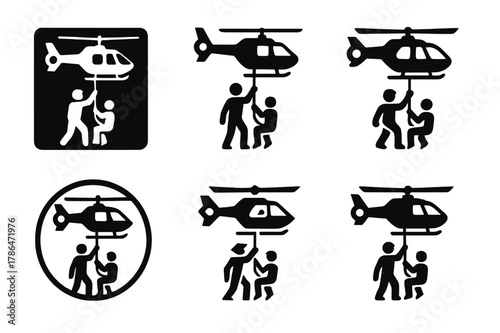 Emergency Response Icons. Police officers and first responders in action. Icon set. Set Logo of police officers and first responders in action: helicopter