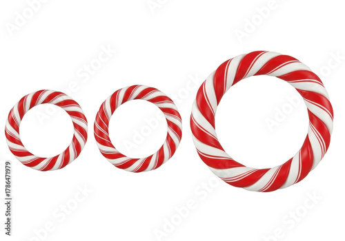 Three candy cane wreaths in graduating sizes isolated on transparent background