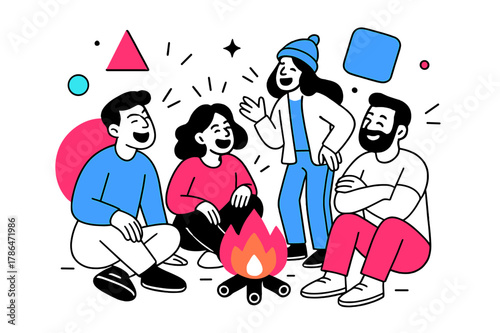Campfire Laughter. Laughing in a Group. People gathered around a campfire laughing with floating abstract geometric shapes and soft glowing accents, cozy and