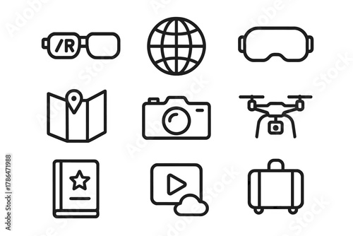 Augmented Travel Icons. Augmented travel experience. Line outline icon set of augmented travel experience: AR