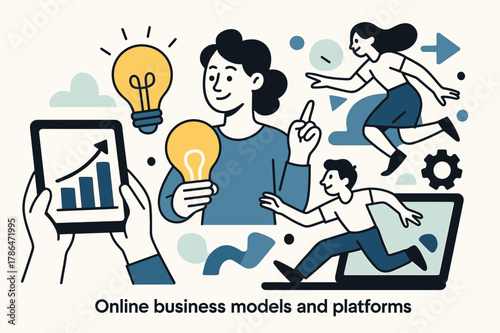 Dynamic Business Concepts. Online business models and platforms. Hands holding a tablet with a growing graph, lightbulb glowing with an idea, abstract shapes