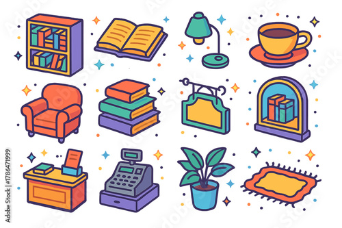 Boutique Bookshop Icons. Boutique bookshop. Colorful isometric vector icons set of boutique bookshop: bookshelf, open book, reading lamp, coffee cup, armchair,