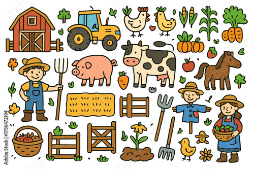 Colorful Farm Doodles. Farm. Colorful Hand-drawn doodle Children illustration Farm cows, pigs, chickens, horses, tractors, barns, fields, crops, farmers,