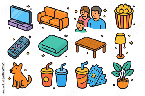 Colorful Home Cinema Icons. Home cinema. Colorful isometric vector icons set of home cinema: TV, sofa, family members, popcorn, remote, blanket, coffee table,