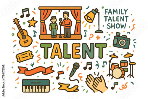 Family Talent Stage. Family talent show. Hand-drawn doodle illustration of hosting an annual family talent