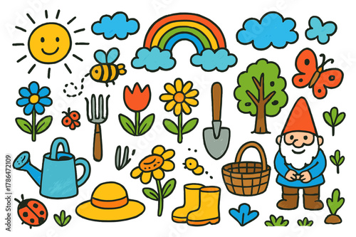 Garden Doodles and Icons. Gardening. Colorful Hand-drawn doodle Children illustration Gardening flowers, trees, watering can, garden fork, ladybug, bee,