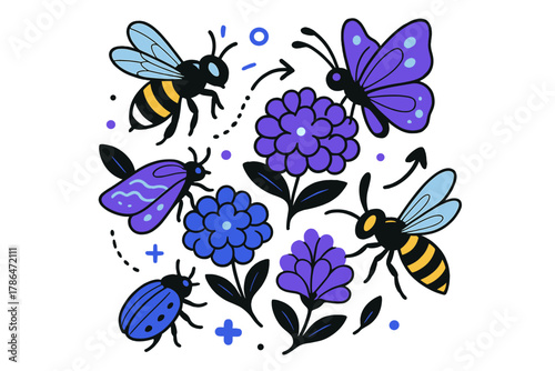 Insect Pollination Parade. Pollination diversity. A stylized circular composition showing different insect