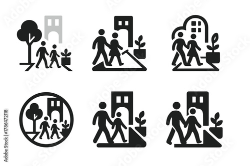 Urban Living Logos. Innovative solutions for urban living. Icon set. Set Logo of innovative solutions for urban living: car-free shared street with pedestrians