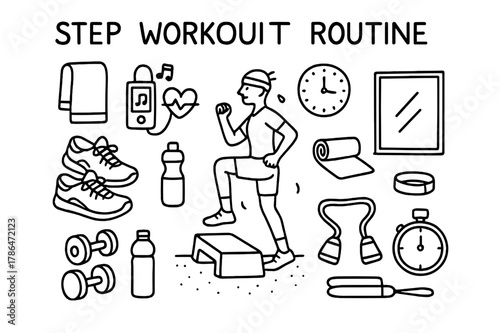 Step Workout Essentials. Step Workout Routine. Hand-drawn doodle illustration Step Workout Routine aerobic step, person exercising, dumbbells, sneakers, towel,