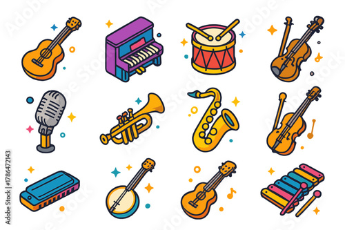 Colorful Musical Icon Grid. musical instruments. Colorful isometric vector icons set of musical instruments: guitars, pianos, drums, violins, microphones,