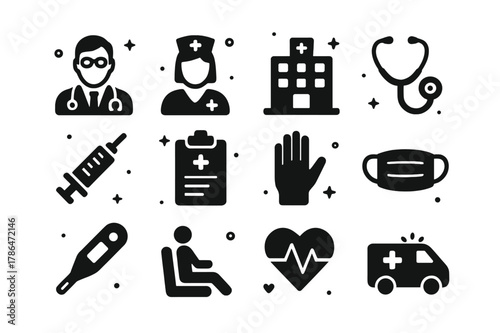 Hospital Staff Icons. Hospital Staff. Solid icons set of Hospital Staff: doctor, nurse, hospital building, stethoscope, syringe, clipboard, gloves, medical