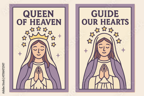 Queen of Heaven Banners. Queen of Heaven. Two vertical A6 banners with safe margins, centered composition, no elements touching edges, cartoon, lavender and