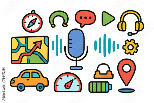 Colorful Navigation Interface Icons. Navigation voice assistant interface. Colorful Hand-drawn doodle Children illustration Navigation voice