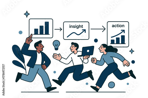 Dynamic Market Insights. Pitch Deck ? Market Research. Minimal charts rise on floating cards; arrows connect ?data > insight > action.? Caption ?know your