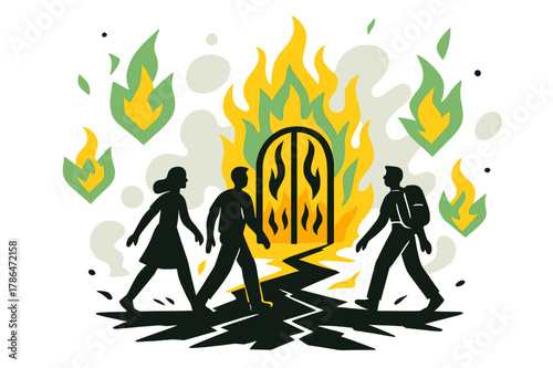 Journey to Fiery Gates. Figures Walking Towards Fiery Gates. Figures walking along a scorched path toward blazing gates with floating abstract geometric