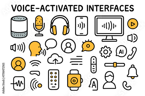 Voice-Activated Technology Icons. Voice-Activated Interfaces. Hand-drawn doodle illustration smart speaker (colored), microphone (colored),