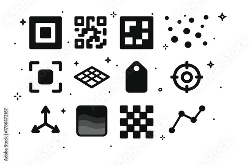 Augmented Reality Icons Grid. augmented reality markers and tracking. Solid icons set of augmented reality markers and tracking: fiducial marker, QR code,