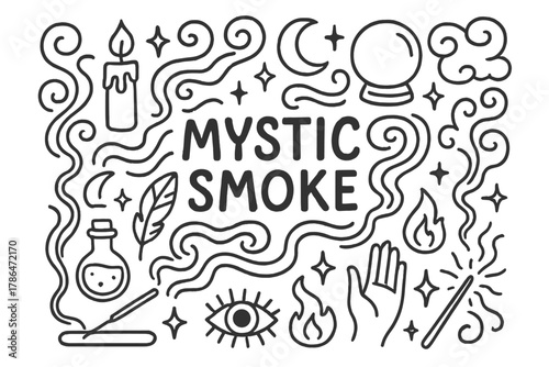 Mystic Smoke Doodle. Mystic Smoke. Hand-drawn doodle illustration of mystic smoke. Swirls, stars, crescent