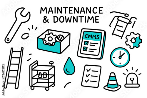 Maintenance Tools Doodle. // Maintenance & downtime. Hand-drawn doodle illustration Maintenance & downtime [wrench (accented), grease gun, spare parts bin