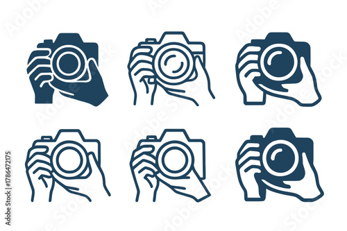 Camera Logo Variations. Holding a camera. Set Logo of Holding a camera: hands holding mirrorless camera with large lens. Icon set. harmonious logo variations