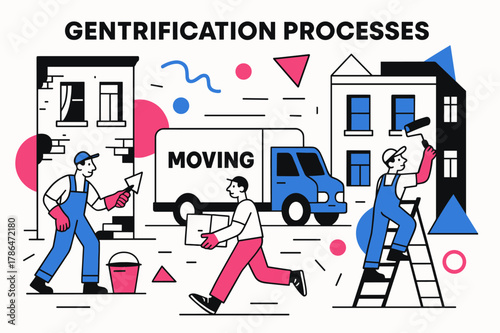 Urban Transition Illustration. Gentrification Processes. Moving trucks and renovation workers in a changing neighborhood with floating abstract geometric
