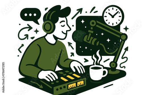 Late-Night Radio Magic. Radio Studio Desk ? Late-Night Session. A lone cup steams beside glowing meters; the clock shows ?:?. Subtle stars drift beyond the